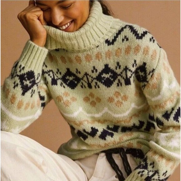 Anthropologie Sweaters - Anthropologie Womens Tunic Sweater Green Black Nordic Fair Isle Long Sleeve XS